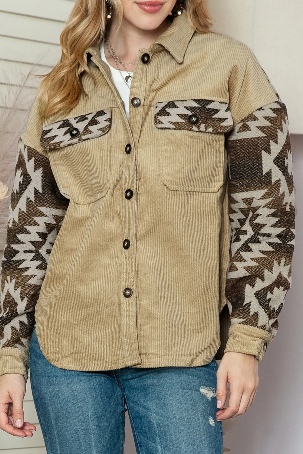 Wholesale Khaki Geometric Print Patchwork Frayed Edge Corduroy Jacket