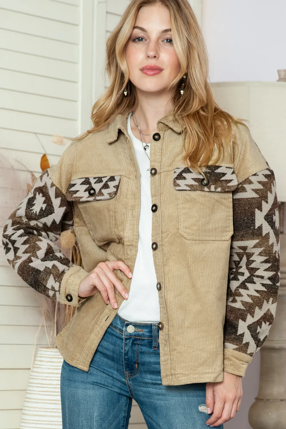 Wholesale Khaki Geometric Print Patchwork Frayed Edge Corduroy Jacket