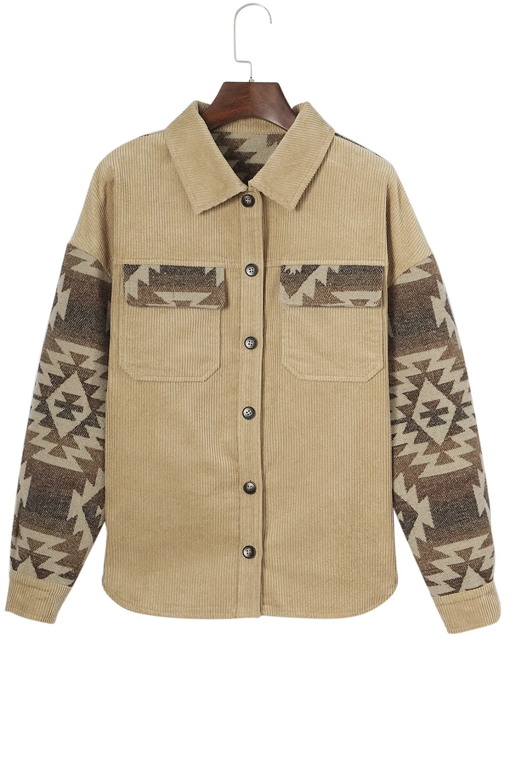 Wholesale Khaki Geometric Print Patchwork Frayed Edge Corduroy Jacket