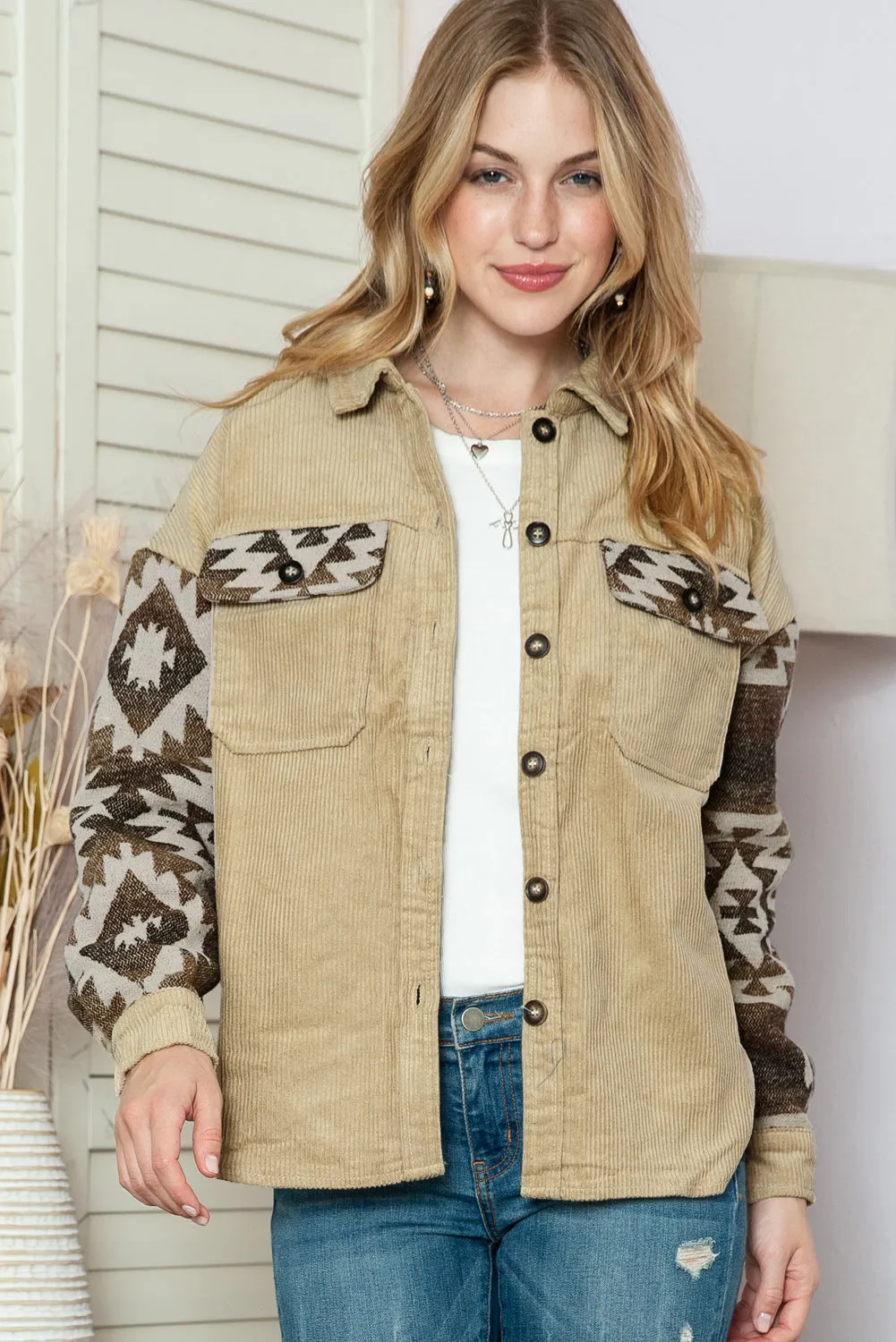 Wholesale Khaki Geometric Print Patchwork Frayed Edge Corduroy Jacket