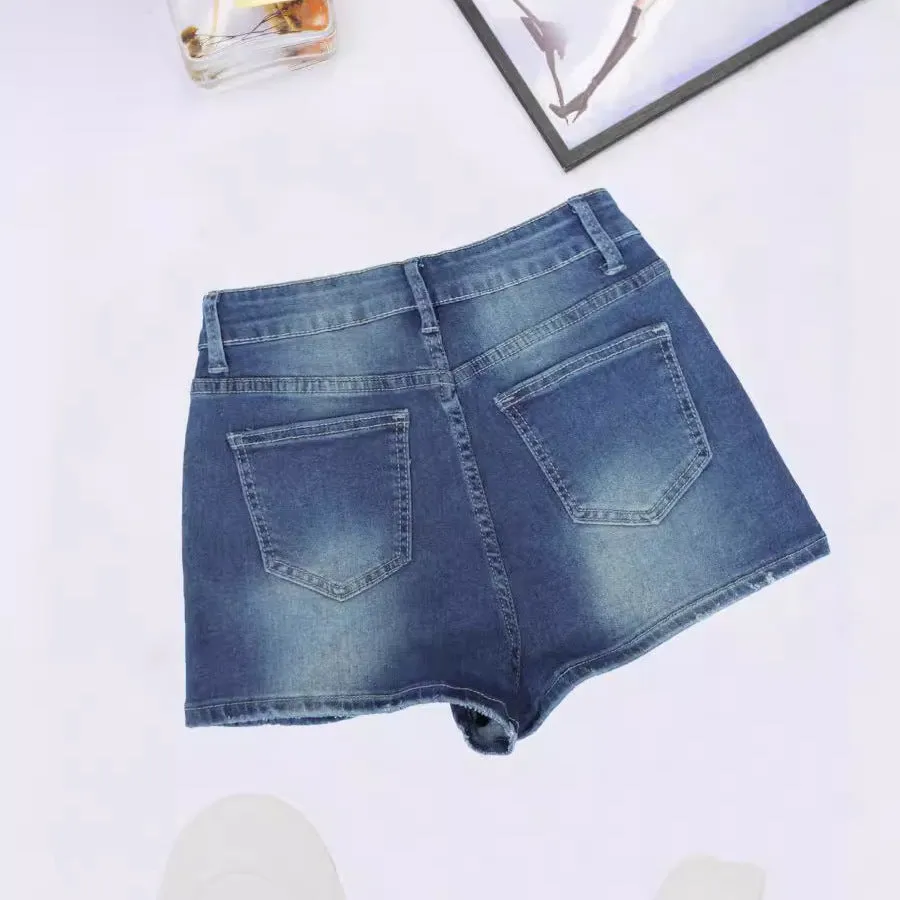 Women High Elastic Denim Shorts Ripped Worn Comfortable Slimming Street