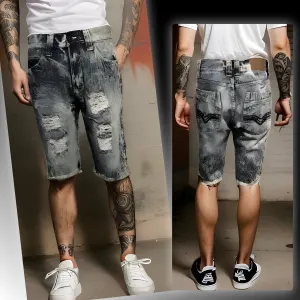 ^WT02^ (BLUE-ACID WASH) RIPPED DENIM SHORTS (WAIST 30”)