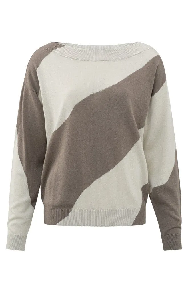 Yaya Sweater with Diagonal Wide Stripe Clay Pebble Grey